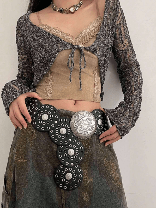 1pc Women's Black Pu Hollow Out Western Style Metal Grommets Round Buckle Belt - Lolli World Marketplace