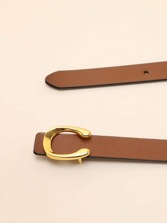 1pc Women's Brown Leather Belt With Gold Alloy Letter Detail Stud Buckle Casual - Lolli World Marketplace