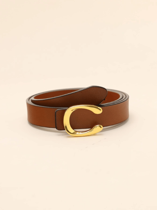 1pc Women's Brown Leather Belt With Gold Alloy Letter Detail Stud Buckle Casual - Lolli World Marketplace
