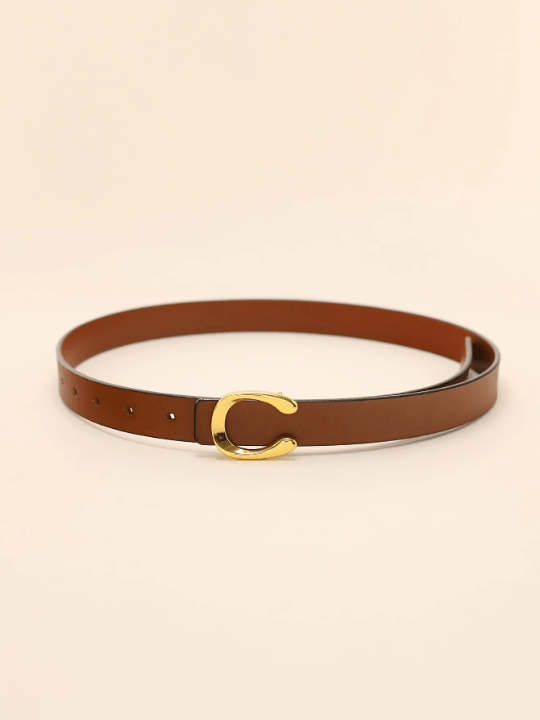 1pc Women's Brown Leather Belt With Gold Alloy Letter Detail Stud Buckle Casual - Lolli World Marketplace