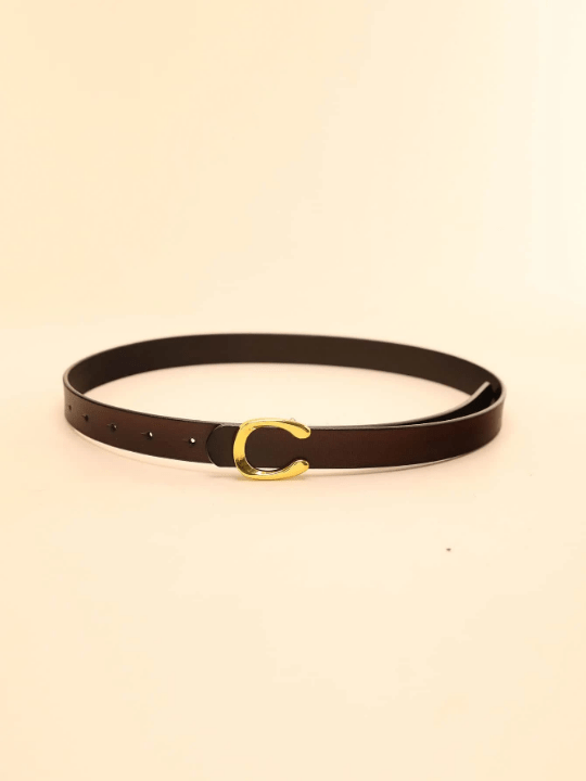 1pc Women's Coffee - Colored Cowhide Belt With Gold Flat C Pin Buckle Casual - Lolli World Marketplace