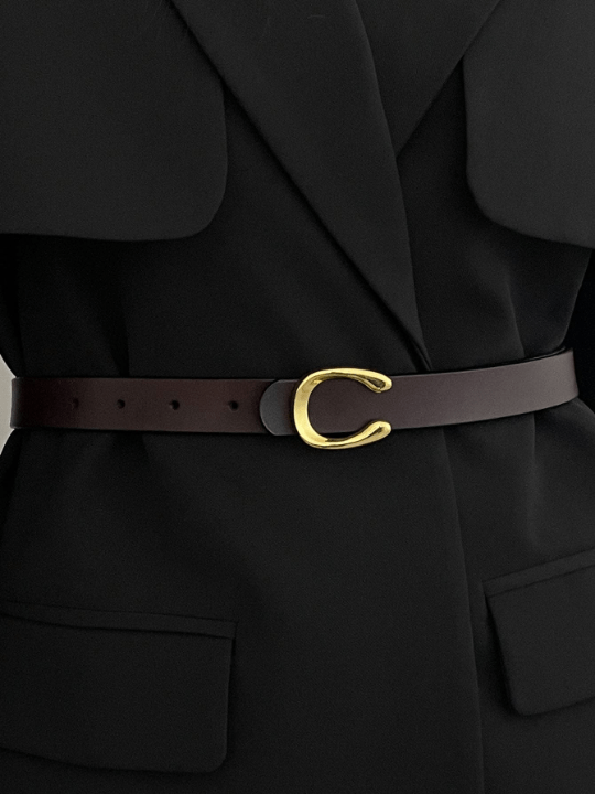 1pc Women's Coffee - Colored Cowhide Belt With Gold Flat C Pin Buckle Casual - Lolli World Marketplace