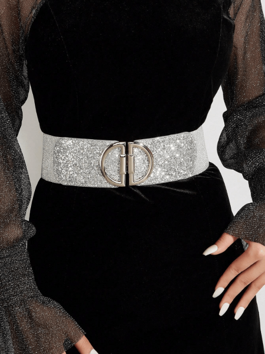 1pc Women's D Buckle Glitter Facing Pu Dress Decoration Fashionable Stretch Waistband Suitable For Daily & Party Use - Lolli World Marketplace