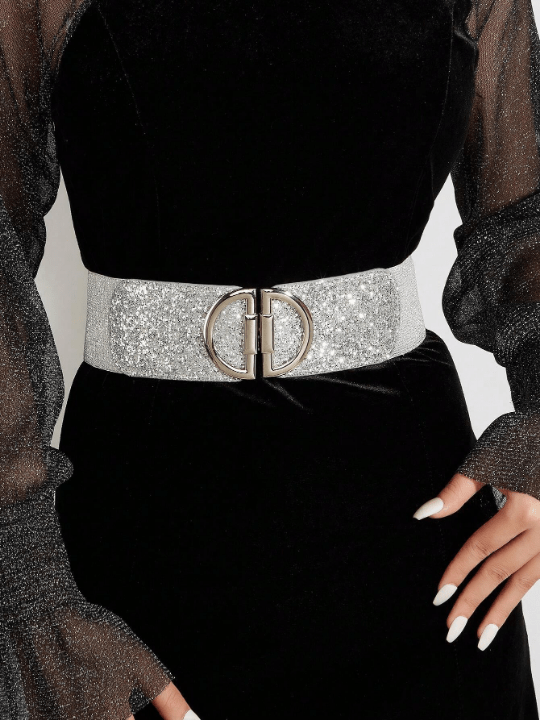 1pc Women's D Buckle Glitter Facing Pu Dress Decoration Fashionable Stretch Waistband Suitable For Daily & Party Use - Lolli World Marketplace