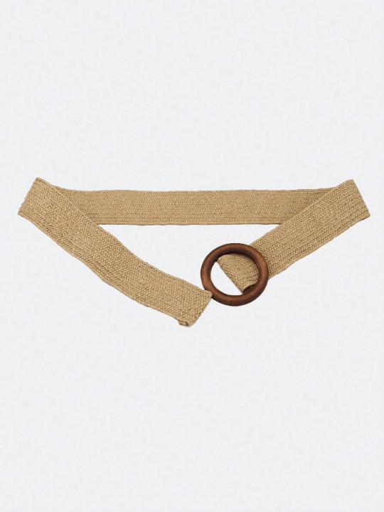 1pc Women's Elastic Belt With Circular Wood Buckle, Woven With Pp Straw, Beach Style Dress Waist Decoration - Lolli World Marketplace