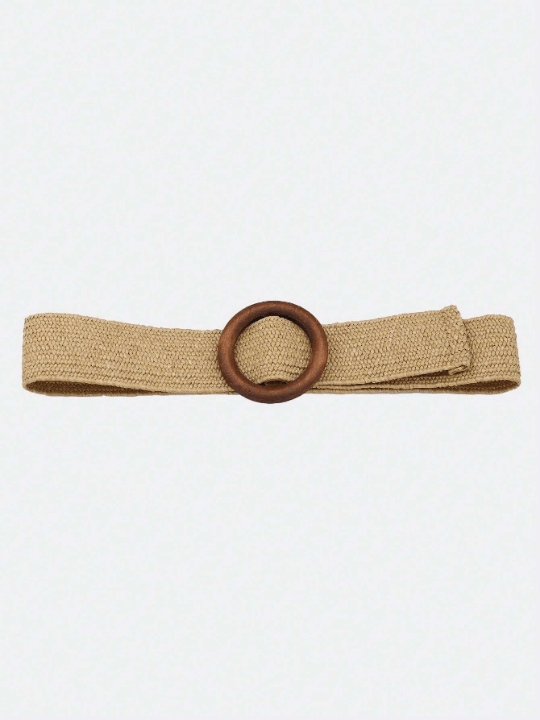 1pc Women's Elastic Belt With Circular Wood Buckle, Woven With Pp Straw, Beach Style Dress Waist Decoration - Lolli World Marketplace