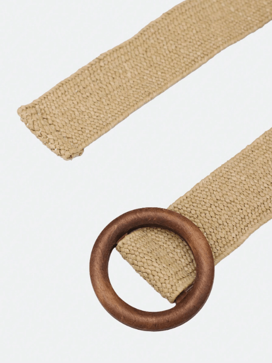 1pc Women's Elastic Belt With Circular Wood Buckle, Woven With Pp Straw, Beach Style Dress Waist Decoration - Lolli World Marketplace