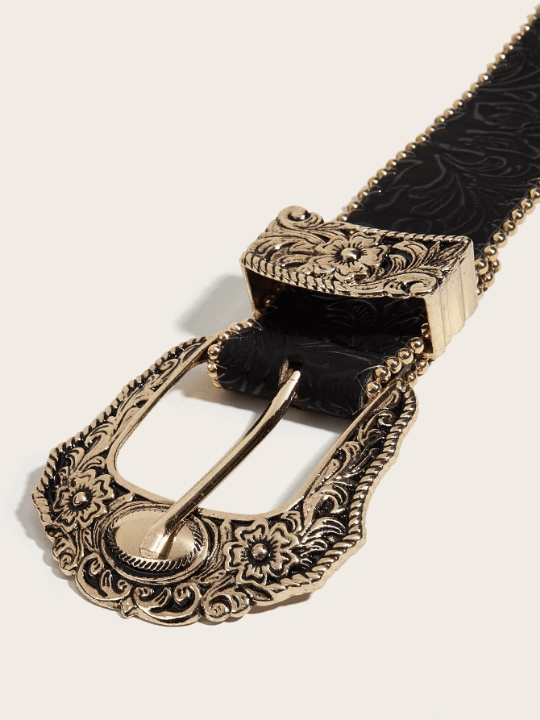 1pc Women's Embossed Western Cowgirl Style Heavy Duty Truck Bead Buckle Fashion Pu Belt For Daily Use - Lolli World Marketplace