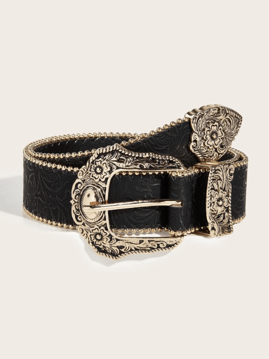 1pc Women's Embossed Western Cowgirl Style Heavy Duty Truck Bead Buckle Fashion Pu Belt For Daily Use - Lolli World Marketplace