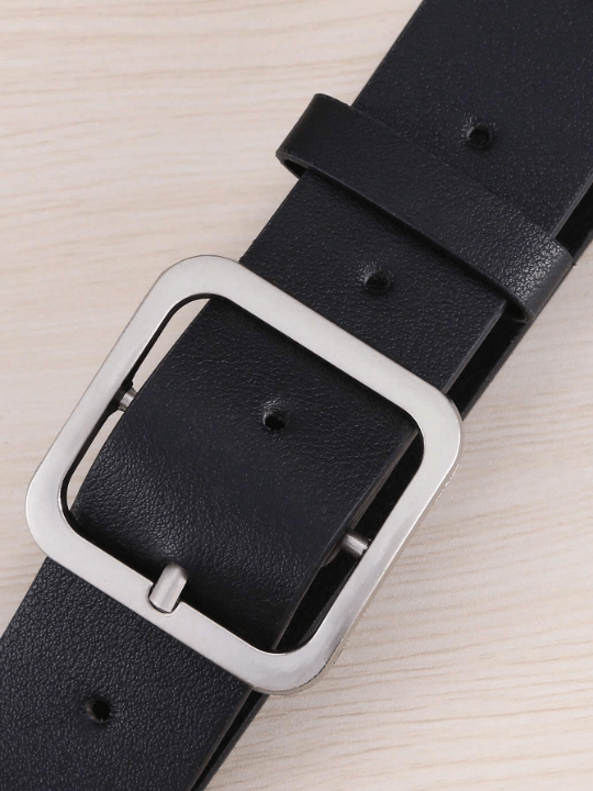 1pc Women's Fashion Black Square Buckle Pu Belt, Suitable For Daily Wear, Classic Wide Style - Lolli World Marketplace