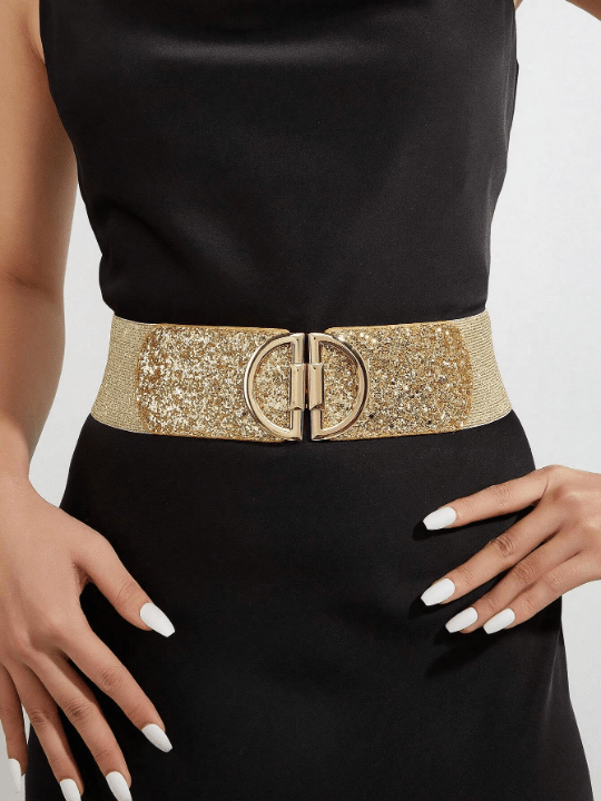 1pc Women's Gold D Buckle Sparkly Face - To - Face Pu Dress Decoration With Elastic Waistband, Suitable For Daily Parties Party - Lolli World Marketplace
