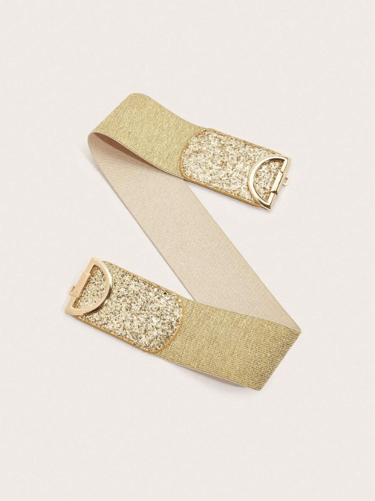 1pc Women's Gold D Buckle Sparkly Face - To - Face Pu Dress Decoration With Elastic Waistband, Suitable For Daily Parties Party - Lolli World Marketplace