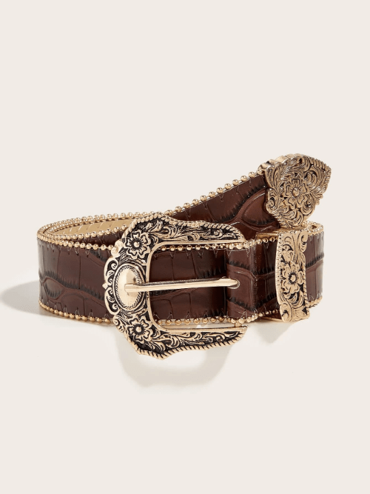 1pc Women's Pressed Flower Western Cowgirl Style Heavy Duty Beaded Belt With Pu Material For Daily Wear Boho - Lolli World Marketplace