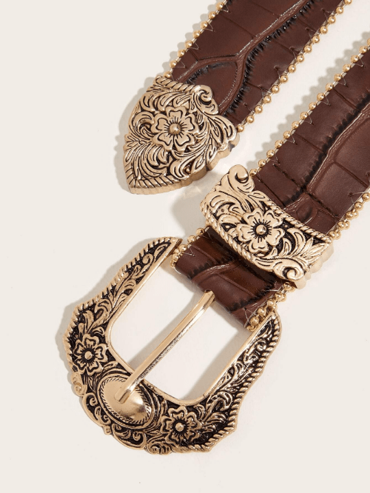 1pc Women's Pressed Flower Western Cowgirl Style Heavy Duty Beaded Belt With Pu Material For Daily Wear Boho - Lolli World Marketplace