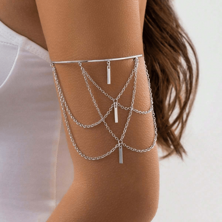 1pc Women's Punk Style Adjustable Arm Chain With Metal Chain & Tassel Design, Vacation & Beach Style Open Bangle Bracelet - Lolli World Marketplace