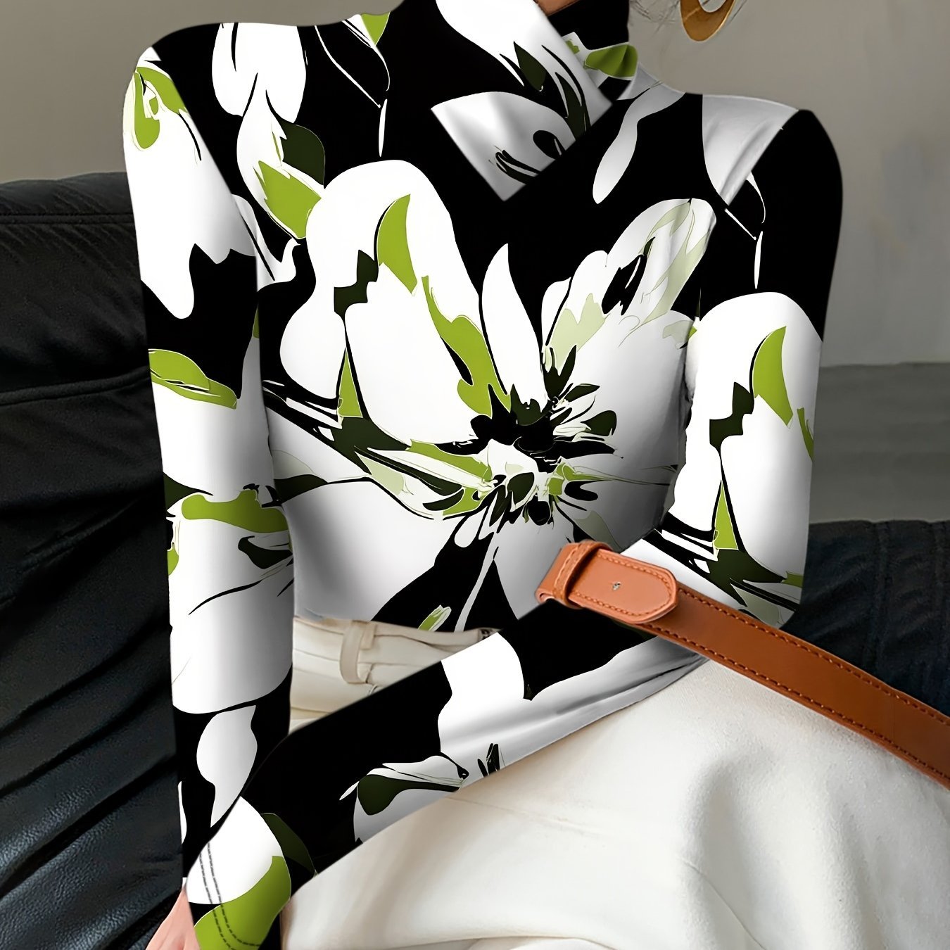 1pc Women'S Sexy Floral Print High Neck Turtleneck Long Sleeve T-Shirt, 100% Polyester Knit Fabric, Regular Length All - Season Top