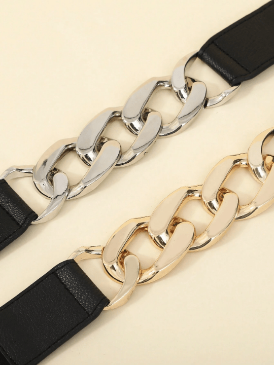 1pc Women's Simle Metal Chain Pu Leather Hidden Clasp Dress & Pants Waist Belt, Fashionable Decorative Elastic Waistband For Everyday Use - Lolli World Marketplace