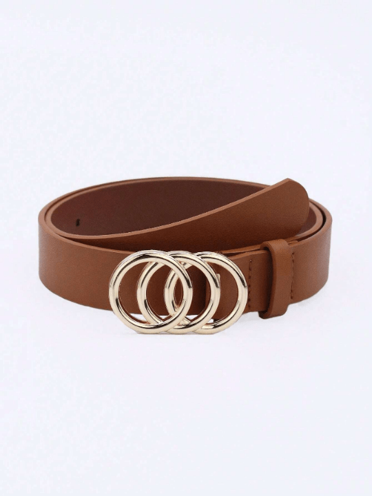 1pc Women's Three Circle Buckle Brown Pu Decorated Belt For Everyday Wear - Lolli World Marketplace