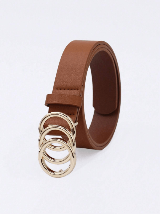 1pc Women's Three Circle Buckle Brown Pu Decorated Belt For Everyday Wear - Lolli World Marketplace