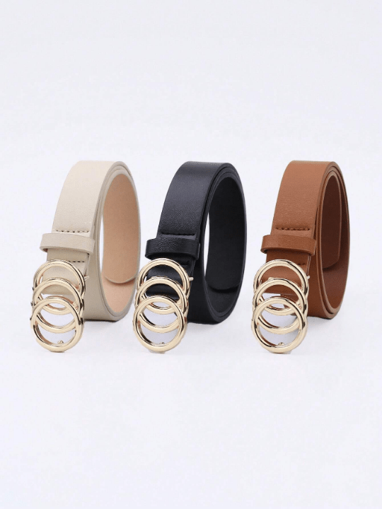 1pc Women's Three Circle Buckle Brown Pu Decorated Belt For Everyday Wear - Lolli World Marketplace