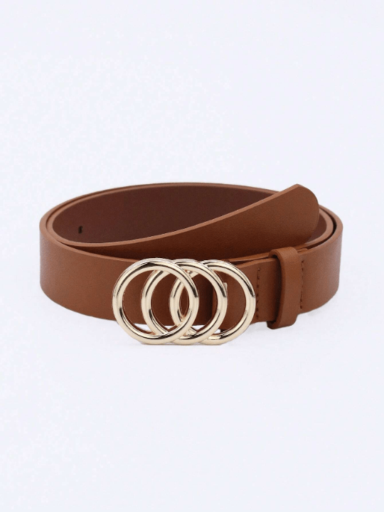 1pc Women's Three Circle Buckle Brown Pu Decorated Belt For Everyday Wear - Lolli World Marketplace