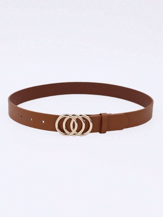 1pc Women's Three Circle Buckle Brown Pu Decorated Belt For Everyday Wear - Lolli World Marketplace