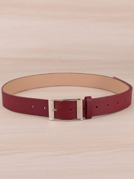 1pc Women's Wine Red Rectangle Buckle Pu Belt, Plus Size For Daily Wear With Extended Length - Lolli World Marketplace