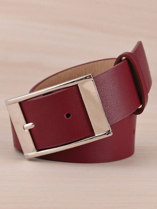 1pc Women's Wine Red Rectangle Buckle Pu Belt, Plus Size For Daily Wear With Extended Length - Lolli World Marketplace