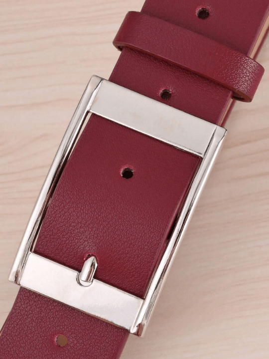 1pc Women's Wine Red Rectangle Buckle Pu Belt, Plus Size For Daily Wear With Extended Length - Lolli World Marketplace
