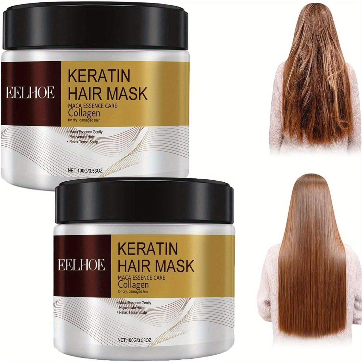 2 - Pack Keratin Hair Mask with Maca Essence & Collagen - Hydrating Repair Treatment for Silky Smooth Hair, Enhances Vitality & Luster, Infused with Argan Oil, Coconut Oil & Hydrolyzed Keratin, Ideal for Normal Hair Types & All Styles