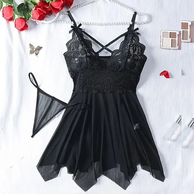 2 Pcs Set Lace Nightgown Women Exquisite Homewear New Green Nighttime Pajamas Transparent Split Nightdress V - Neck Bra Panty Sets