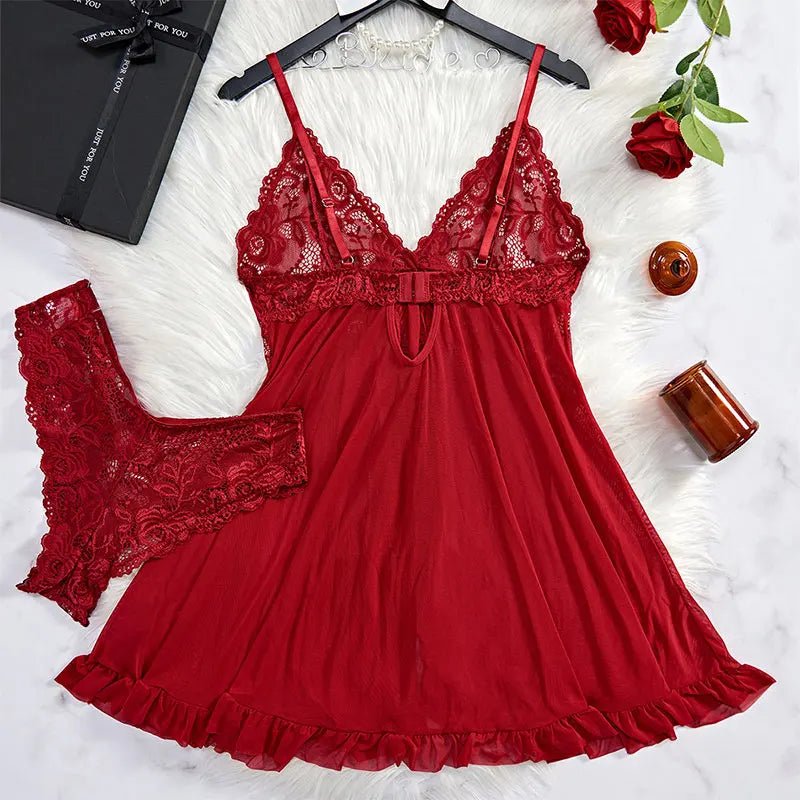 2 Pcs Set Sexy Lingerie Set Women Deep V Slip Dress Thong Erotic Bra P