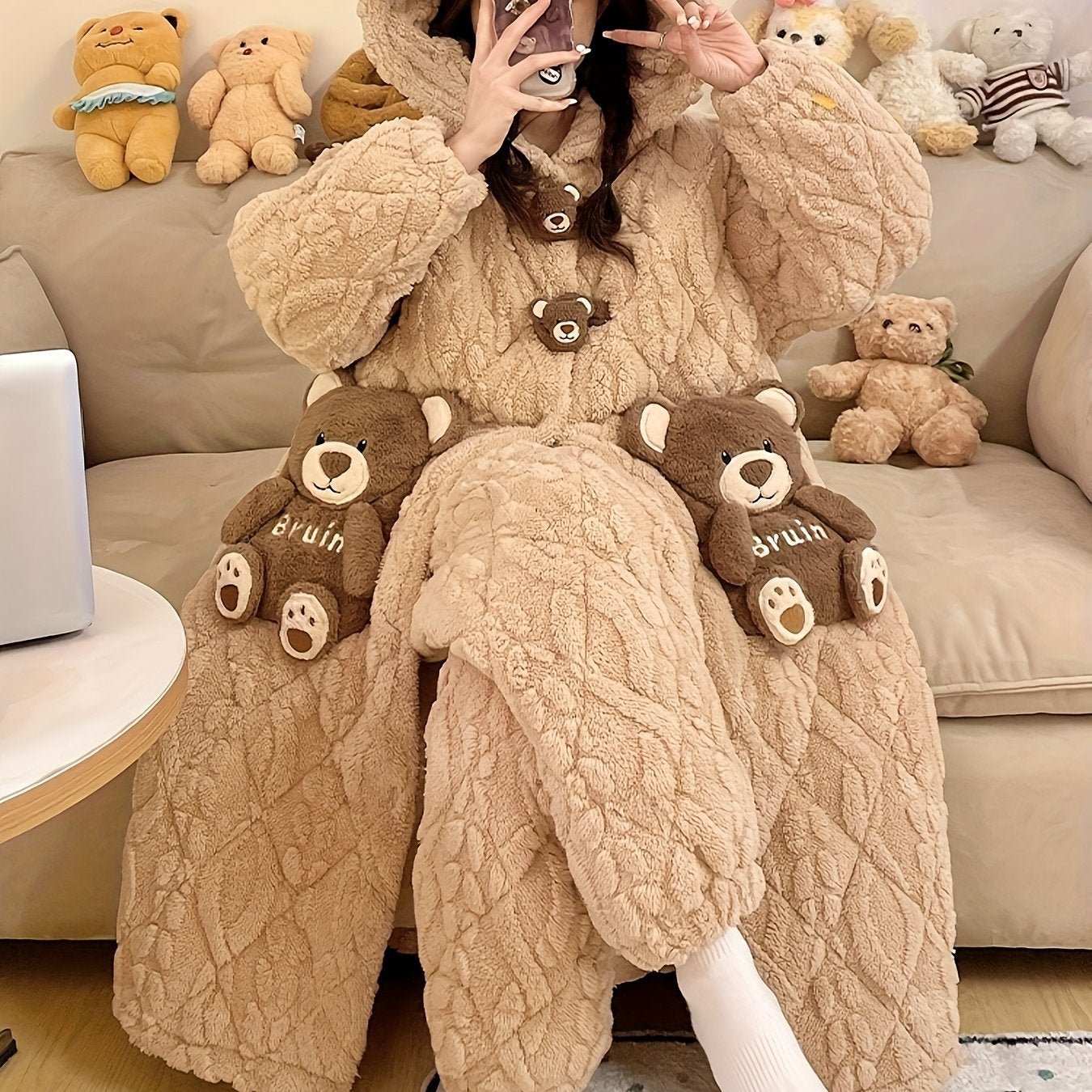 2025 Autumn/Winter New Coral Fleece Three - Layer Pocketed Women's Robe, Thickened Fleece Long Flannel Cartoon Cute Winter Pajamas, Long Sleeve & Pants Warm Two - Piece Set, Oversized Casual Loose Hooded Long Wearable Bear Homewear Set