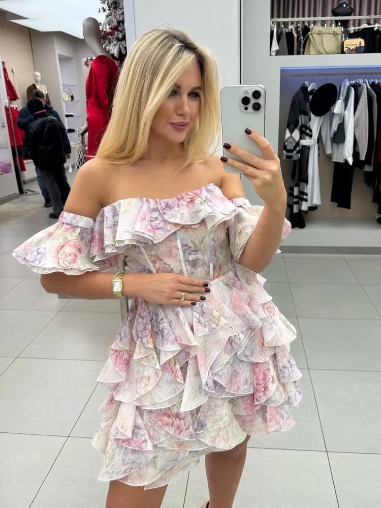 2025 Women Trendy Printed Party Dresses Elegant Flare Sleeve V Neck Pleated High Waist Vestidos Fashion Lady Chic Evening Gowns