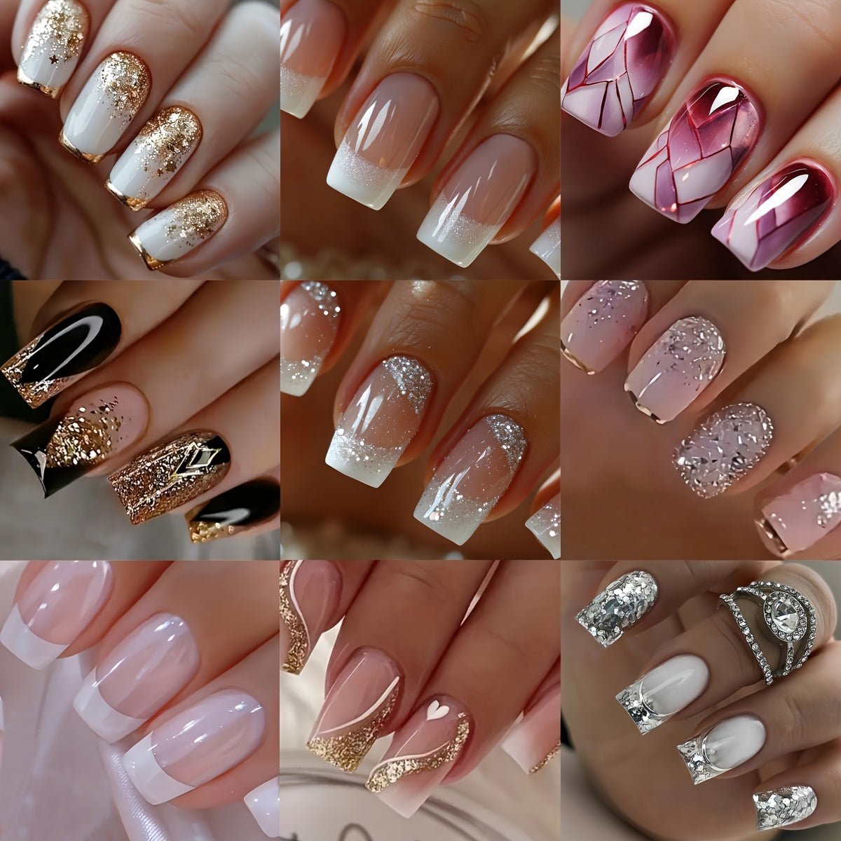 216pcs Short Square Summer White French Style Simple Gradient Glitter Heart Soft Gel Press - On Nails Full Cover Fake Nail Set for Women & s