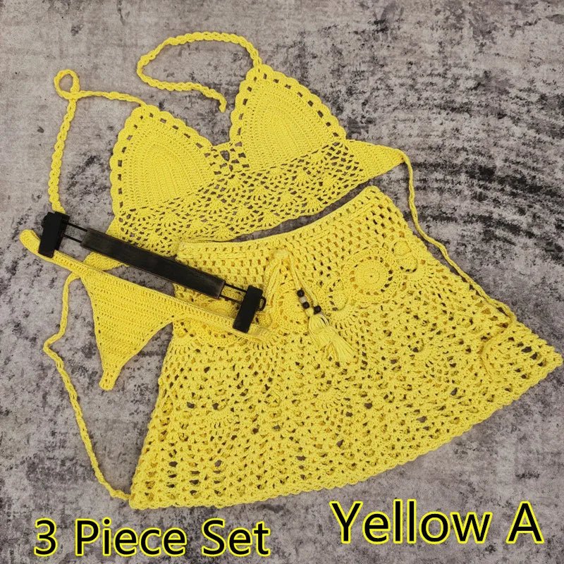 2/3 Piece Set Hand Crochet Florens Bikini Women Sexy Beach Skirt Boho Style Elastic Waistband