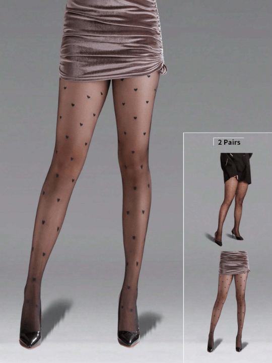 2pairs/Pack 30d Plus Size Women's Printed Heart Shape, Polka Dot And Leopard Pattern Adjustable Stockings - Lolli World Marketplace