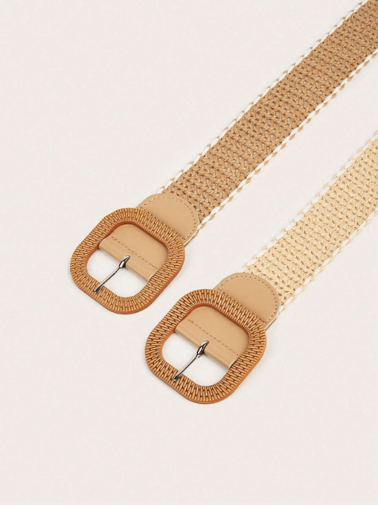 2pcs Bohemian Hollow Out Braided Straw Belt Set With Resin Buckle, Matched With Casual Suits For Women - Lolli World Marketplace