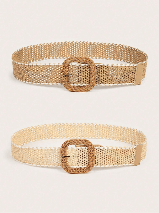 2pcs Bohemian Hollow Out Braided Straw Belt Set With Resin Buckle, Matched With Casual Suits For Women - Lolli World Marketplace