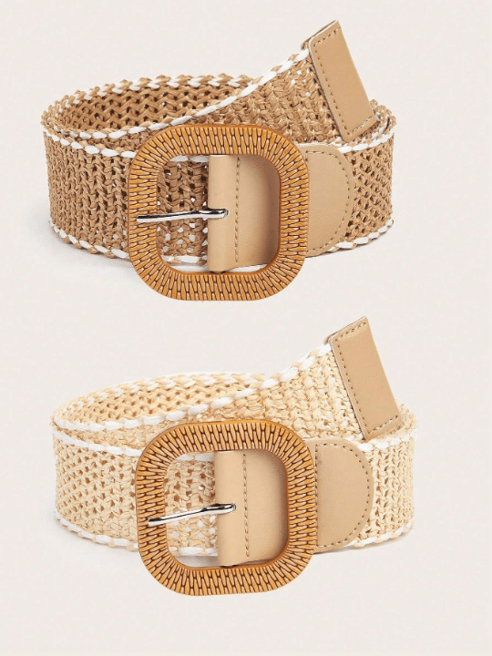 2pcs Bohemian Hollow Out Braided Straw Belt Set With Resin Buckle, Matched With Casual Suits For Women - Lolli World Marketplace