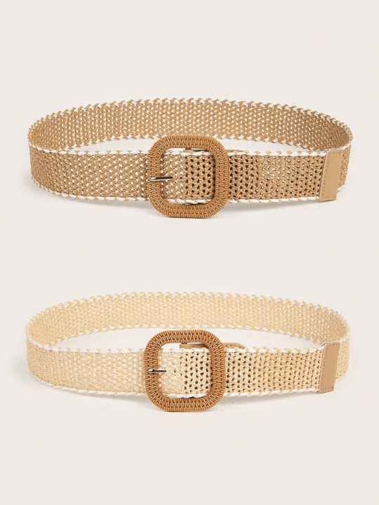 2pcs Bohemian Hollow Out Braided Straw Belt Set With Resin Buckle, Matched With Casual Suits For Women - Lolli World Marketplace