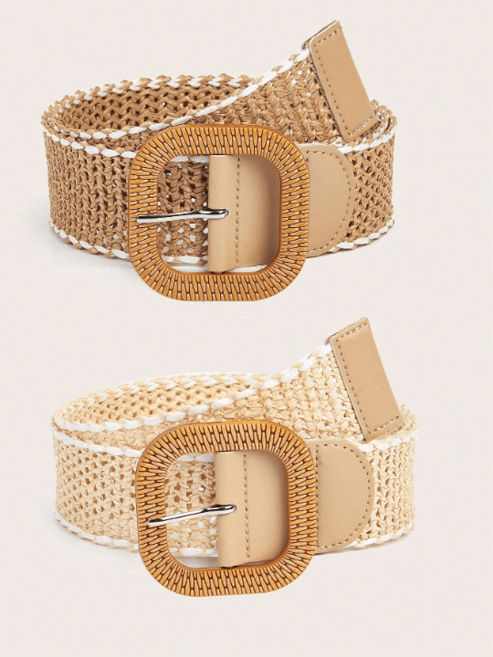 2pcs Bohemian Hollow Out Braided Straw Belt Set With Resin Buckle, Matched With Casual Suits For Women - Lolli World Marketplace