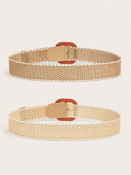 2pcs Bohemian Hollow Out Braided Straw Belt Set With Resin Buckle, Matched With Casual Suits For Women - Lolli World Marketplace