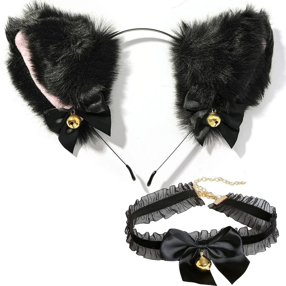 2Pcs Sexy Cat Ears Women Plush Bell Headband with Bell Heart Neckchain Cosplay Masquerade - Party Costume Hair Accessories