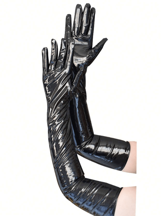 2PCS Shiny Black Long Leather Gloves For Women | Stylish Punk Style Dance Gloves For Party | Versatile And Stretchable - Lolli World Marketplace