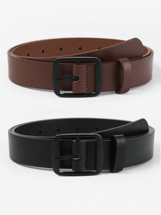 2pcs/Set Electroplated Black Square Buckle Fashion Accessory Versatile Daily Use Pu Belt - Lolli World Marketplace