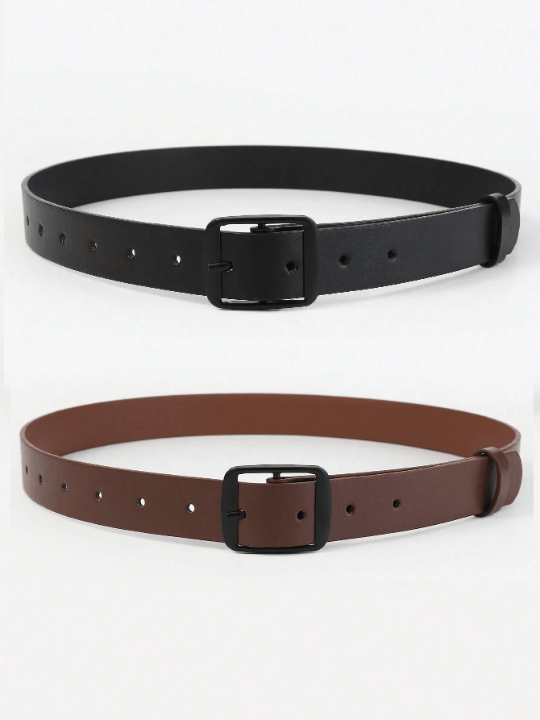 2pcs/Set Electroplated Black Square Buckle Fashion Accessory Versatile Daily Use Pu Belt - Lolli World Marketplace