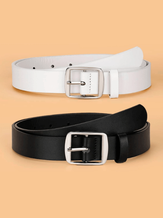 2pcs/set White & K Color Square Buckle Fashionable Decorated Pu Belt For Daily Use - Lolli World Marketplace
