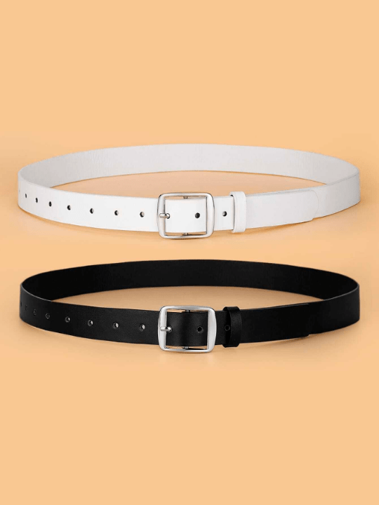 2pcs/set White & K Color Square Buckle Fashionable Decorated Pu Belt For Daily Use - Lolli World Marketplace