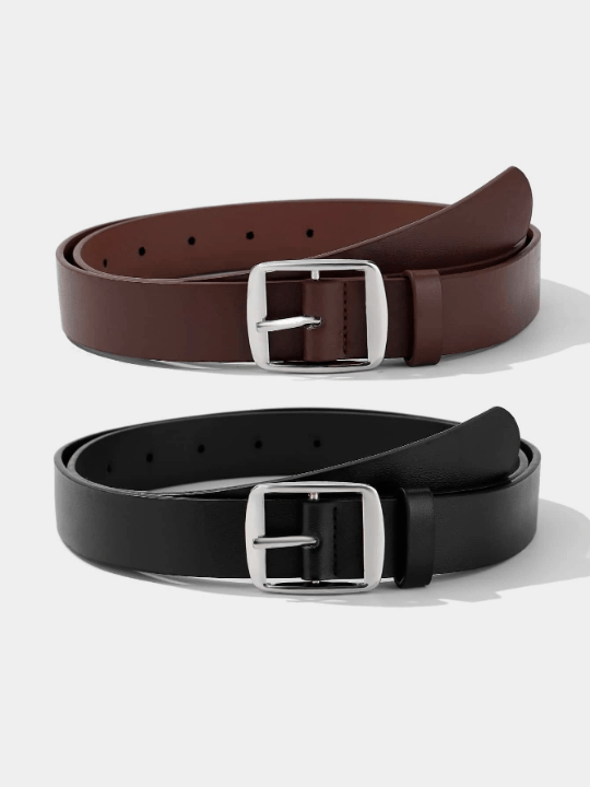 2pcs/set White & Khaki Square Buckle Fashionable Decorative Daily Use Pu Waist Belt - Lolli World Marketplace